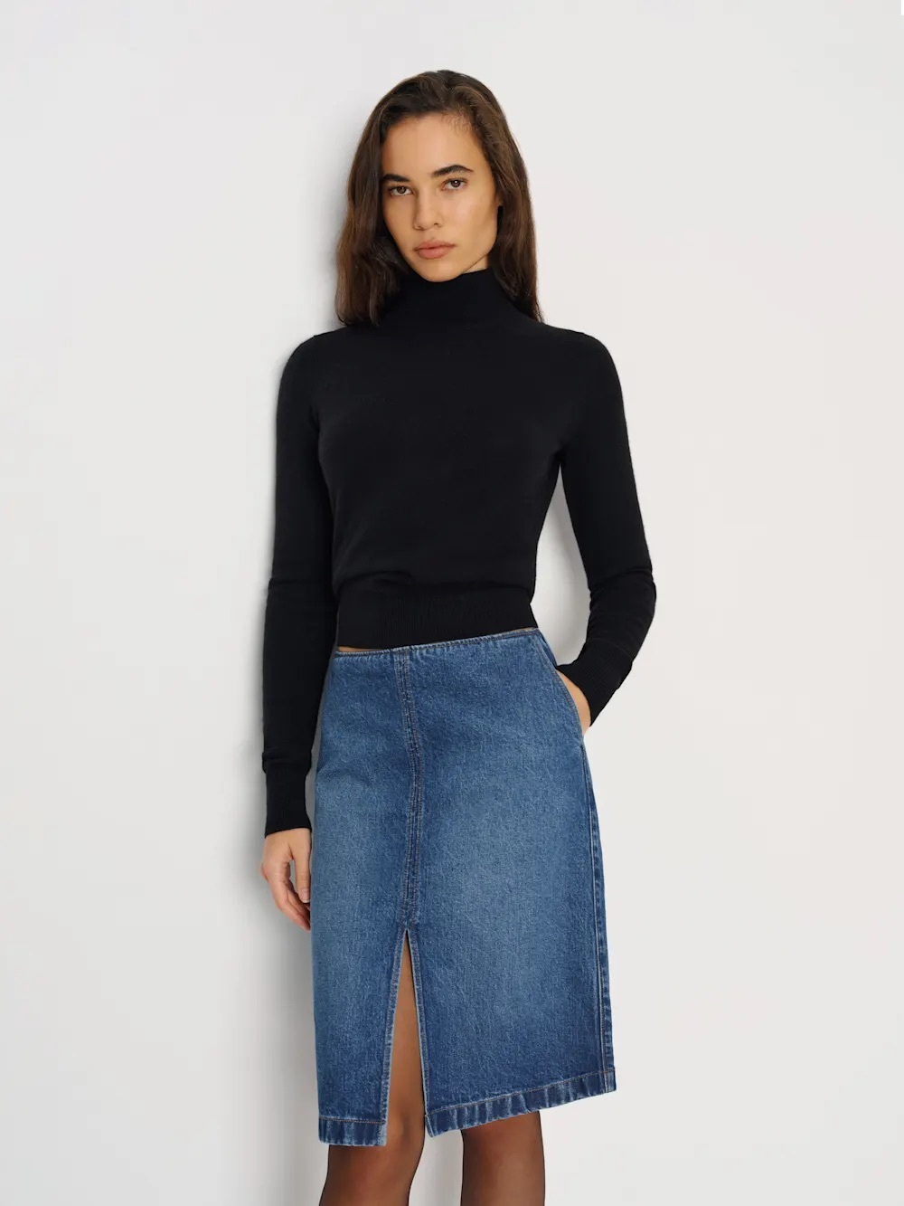 Reformation Misty Stretch Mid Rise Skirt dark blue denim skirt